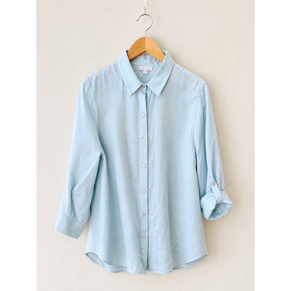 J.Jill Love Linen Button Down Shirt Roll Tab Sleeves Blue Women’s L Oversized